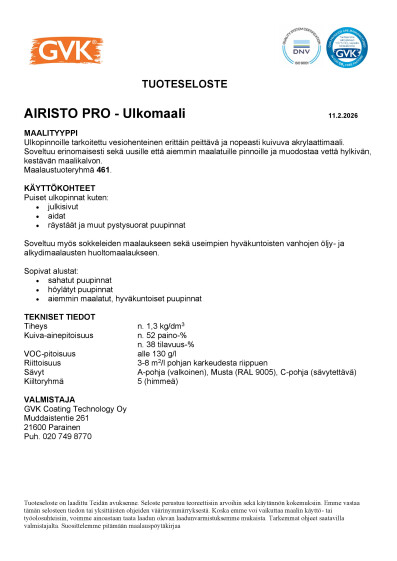 Airisto Pro Tuoteseloste