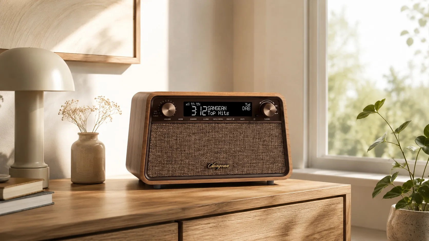 Sangean Audio-radio i en stämningsfull inredning